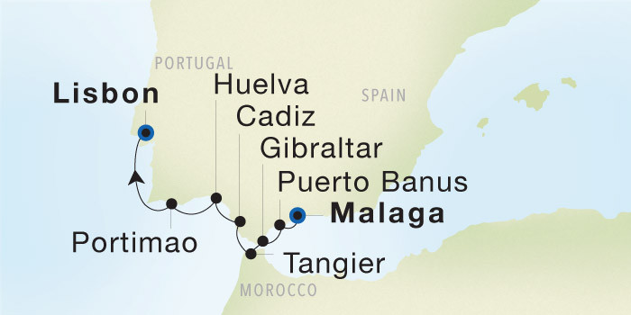 Malaga to Lisbon SeaDream voyage 22636 itinerary map