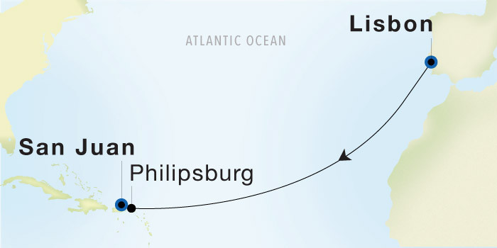 Lisbon to San Juan SeaDream voyage 22638 itinerary map