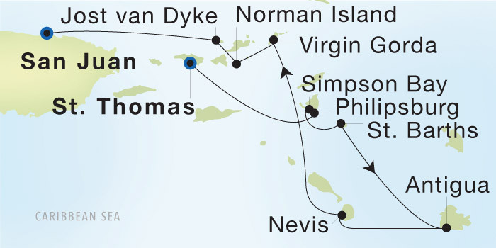 Charlotte Amalie, St. Thomas to San Juan SeaDream voyage 22641 itinerary map