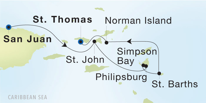 San Juan to Charlotte Amalie, St. Thomas SeaDream voyage 22701 itinerary map