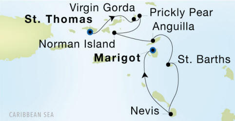 Charlotte Amalie, St. Thomas to Marigot Seadream Luxury Cruise Itinerary Map