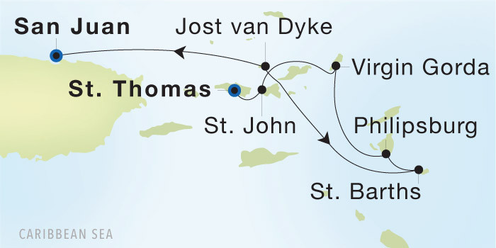 Charlotte Amalie, St. Thomas to San Juan SeaDream voyage 22711 itinerary map
