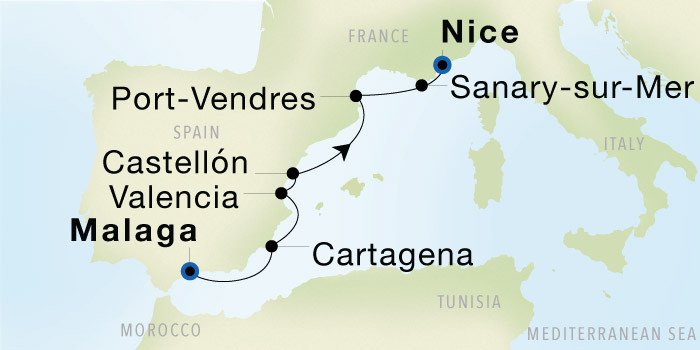 Malaga to Nice SeaDream voyage 22718 itinerary map