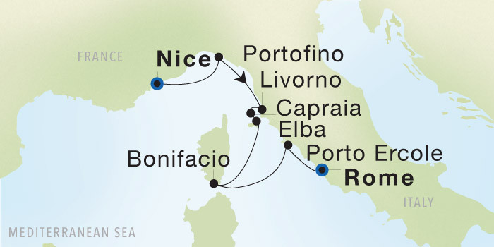 Nice to Rome (Civitavecchia) SeaDream voyage 22719 itinerary map