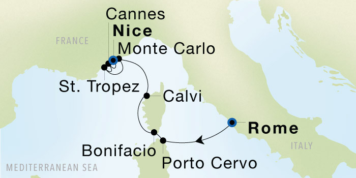 Rome (Civitavecchia) to Nice SeaDream voyage 22720 itinerary map