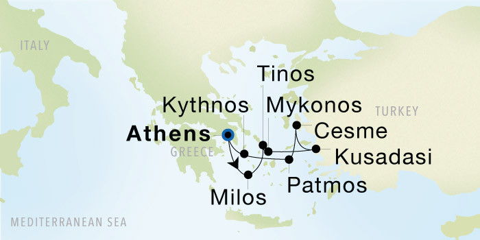 Athens (Piraeus) to Athens (Piraeus) SeaDream voyage 22725 itinerary map