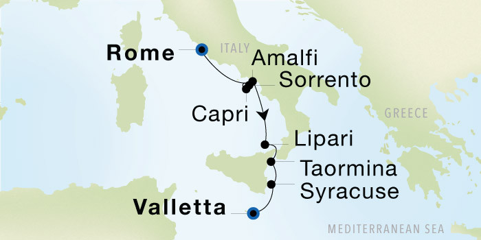 Rome (Civitavecchia) to Valletta SeaDream voyage 22729 itinerary map