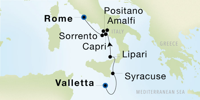 Valletta to Rome (Civitavecchia) SeaDream voyage 22730 itinerary map