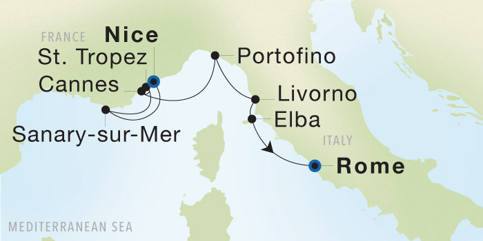 Nice to Rome (Civitavecchia) SeaDream voyage 22732 itinerary map