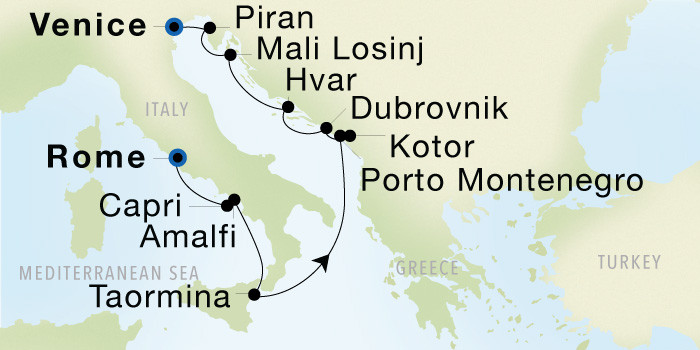 Rome (Civitavecchia) to Venice SeaDream voyage 22733 itinerary map