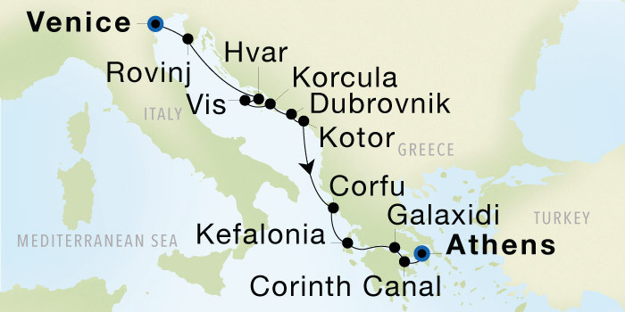 Venice to Athens (Piraeus) SeaDream voyage 22734 itinerary map