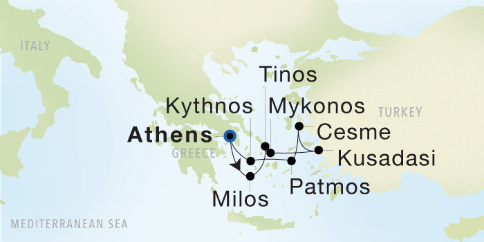 Athens (Piraeus) to Athens (Piraeus) SeaDream voyage 22735 itinerary map
