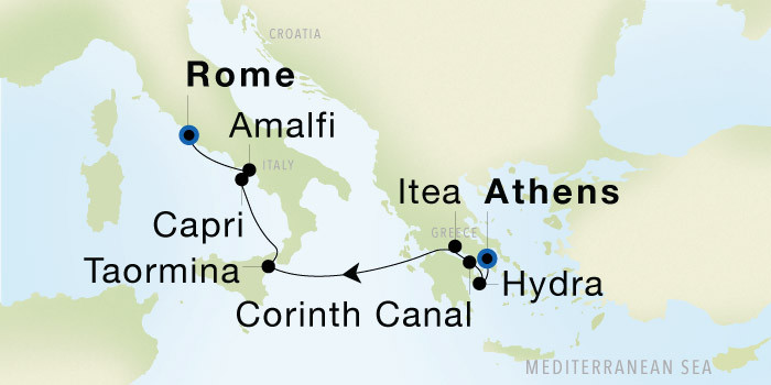 Athens (Piraeus) to Rome (Civitavecchia) SeaDream voyage 22737 itinerary map