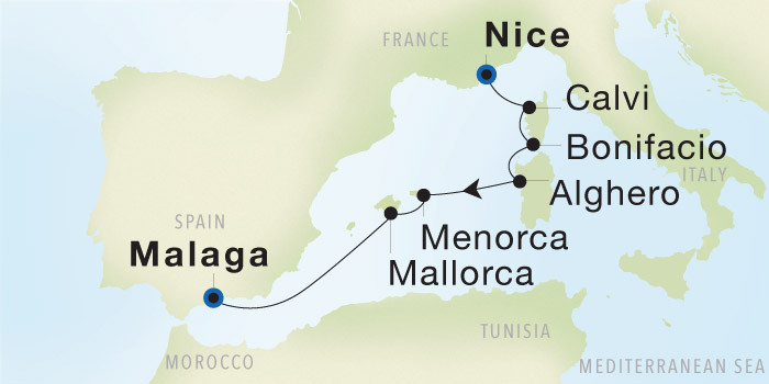 Nice to Malaga SeaDream voyage 22740A itinerary map