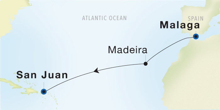 Malaga to San Juan SeaDream voyage 22741A itinerary map