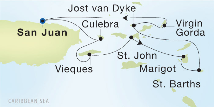 San Juan to San Juan SeaDream voyage 22743 itinerary map