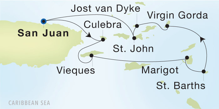 San Juan to San Juan SeaDream voyage 22748 itinerary map