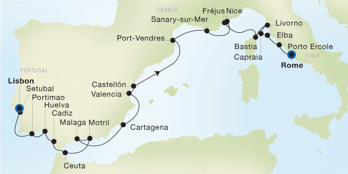 Lisbon to Rome (Civitavecchia) Luxury Cruise Itinerary Map