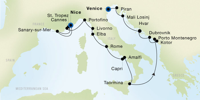 Nice to Venice Luxury Cruise Itinerary Map