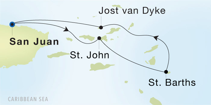 San Juan to San Juan SeaDream voyage 22802 itinerary map