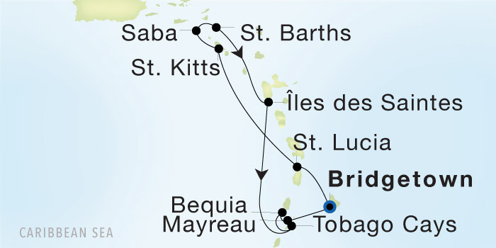 Bridgetown, Barbados to Bridgetown, Barbados SeaDream voyage 22809 itinerary map