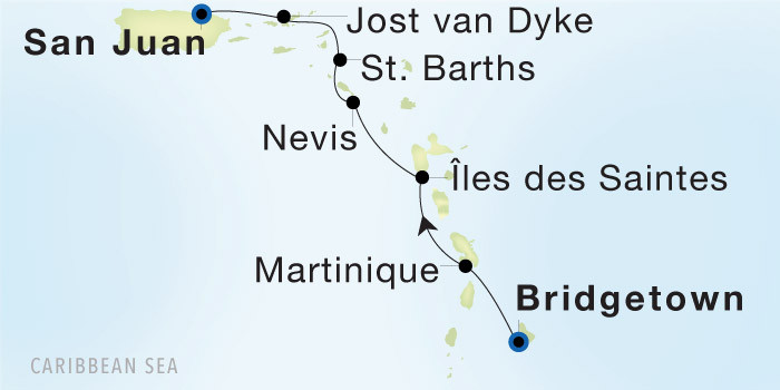Bridgetown, Barbados to San Juan SeaDream voyage 22810 itinerary map