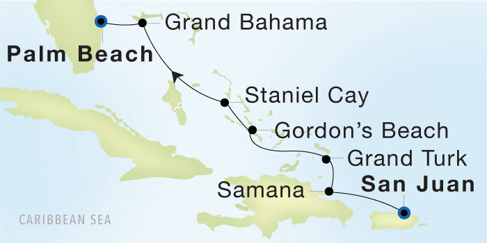 San Juan to Palm Beach SeaDream voyage 22813 itinerary map