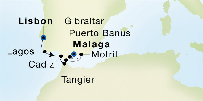 Lisbon to Malaga SeaDream voyage 22818A itinerary map