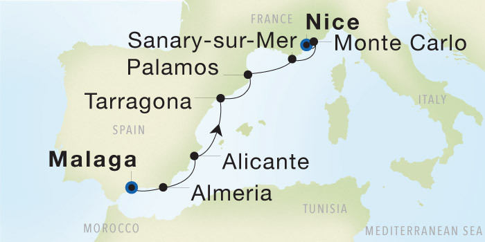 Malaga to Nice SeaDream voyage 22819A itinerary map