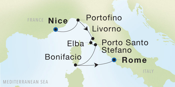 Nice to Rome (Civitavecchia) SeaDream voyage 22820A itinerary map
