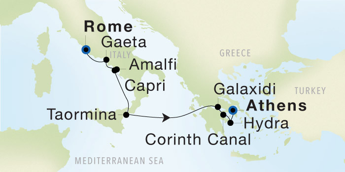 Rome (Civitavecchia) to Athens (Piraeus) SeaDream voyage 22822A itinerary map