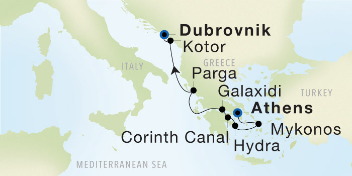 Athens (Piraeus) to Dubrovnik SeaDream voyage 22823A itinerary map