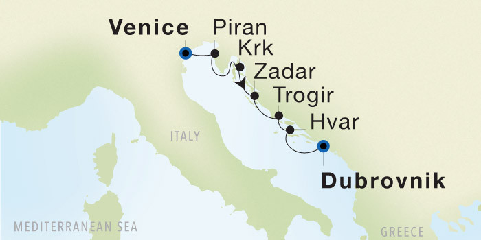 Venice to Dubrovnik SeaDream voyage 22825A itinerary map