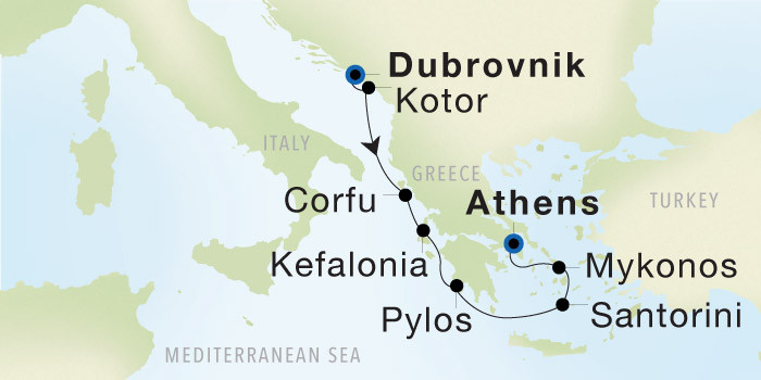 Dubrovnik to Athens (Piraeus) SeaDream voyage 22826A itinerary map
