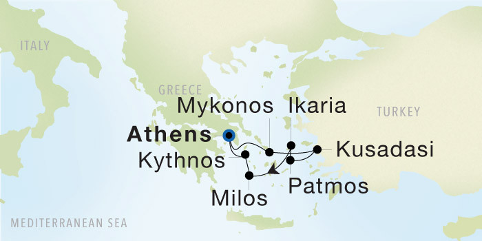 Athens (Piraeus) to Athens (Piraeus) SeaDream voyage 22827A itinerary map