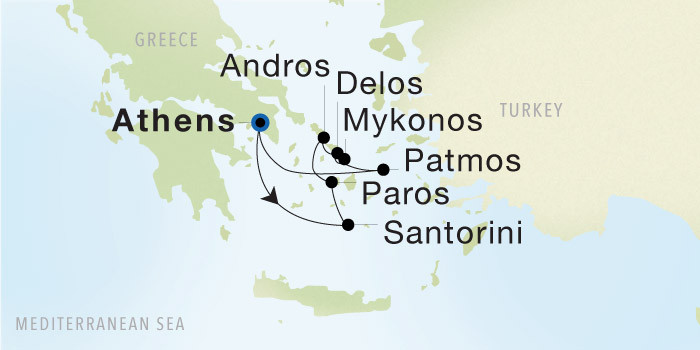 Athens (Piraeus) to Athens (Piraeus) SeaDream voyage 22828A itinerary map