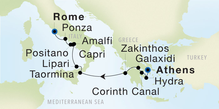 Athens (Piraeus) to Rome (Civitavecchia) SeaDream voyage 22829A itinerary map