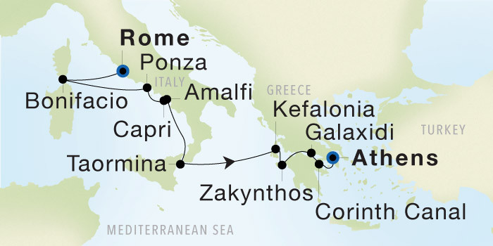 Rome (Civitavecchia) to Athens (Piraeus) SeaDream voyage 22830A itinerary map
