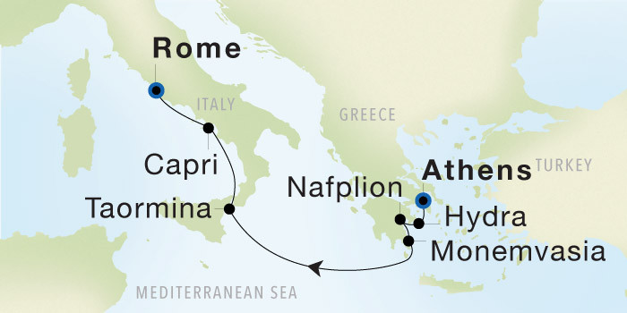 Athens (Piraeus) to Rome (Civitavecchia) SeaDream voyage 22831A itinerary map