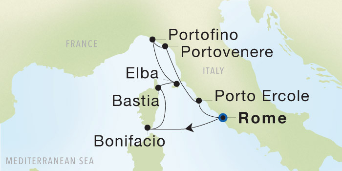 Rome (Civitavecchia) to Rome (Civitavecchia) SeaDream voyage 22832A itinerary map