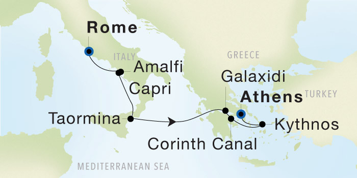 Rome (Civitavecchia) to Athens (Piraeus) SeaDream voyage 22833A itinerary map