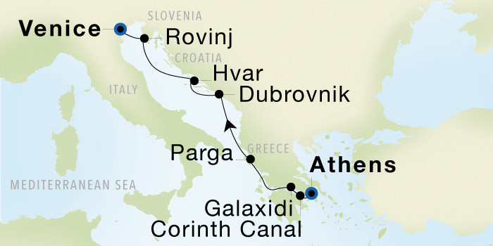 Athens (Piraeus) to Venice SeaDream voyage 22834A itinerary map