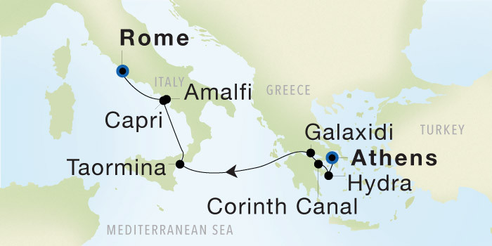 Athens (Piraeus) to Rome (Civitavecchia) SeaDream voyage 22837A itinerary map