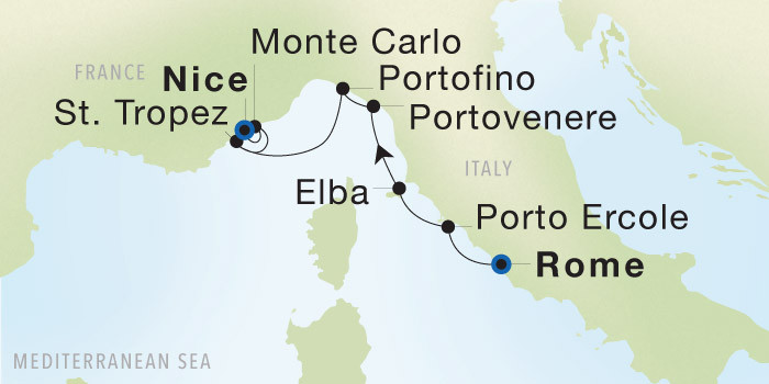 Rome (Civitavecchia) to Nice SeaDream voyage 22839A itinerary map