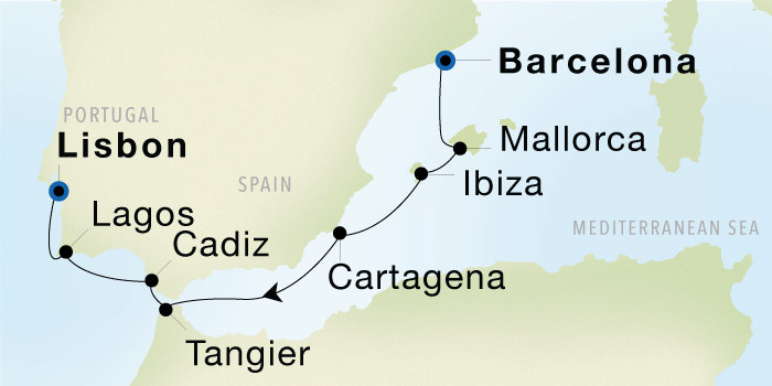 Barcelona to Lisbon SeaDream voyage 22841A itinerary map