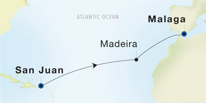 San Juan to Malaga SeaDream voyage 22917 itinerary map