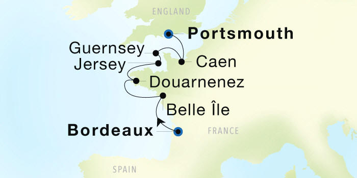 Bordeaux to Portsmouth, England Seadream Luxury Cruise Itinerary Map