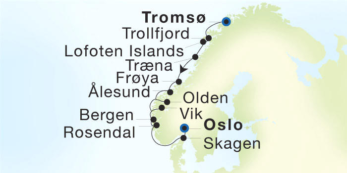 Tromsø to Oslo Seadream Luxury Cruise Itinerary Map