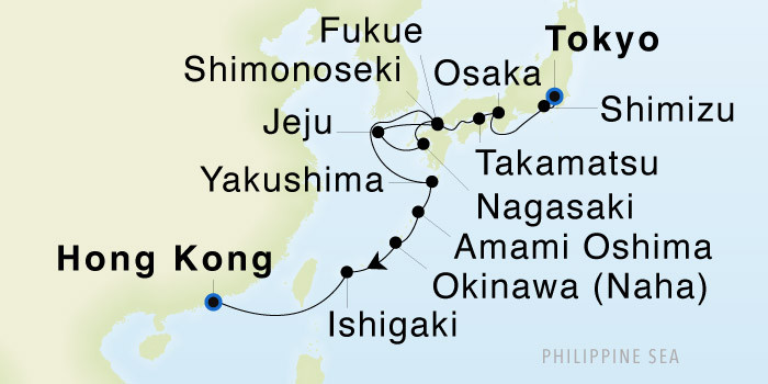 Tokyo to Hong Kong SeaDream III Voyage 32907 itinerary map