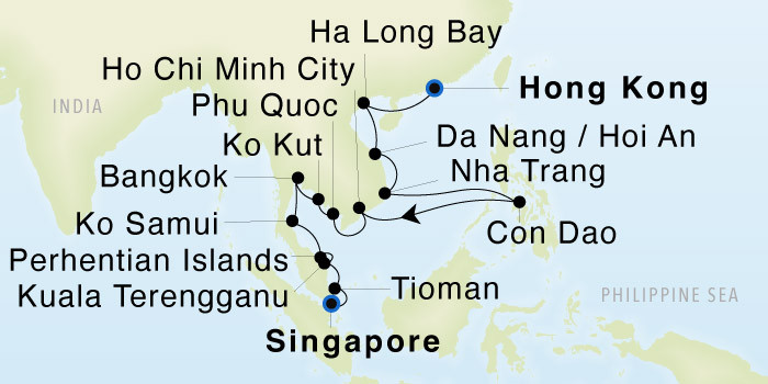 Hong Kong to Singapore SeaDream III Voyage 32909 itinerary map